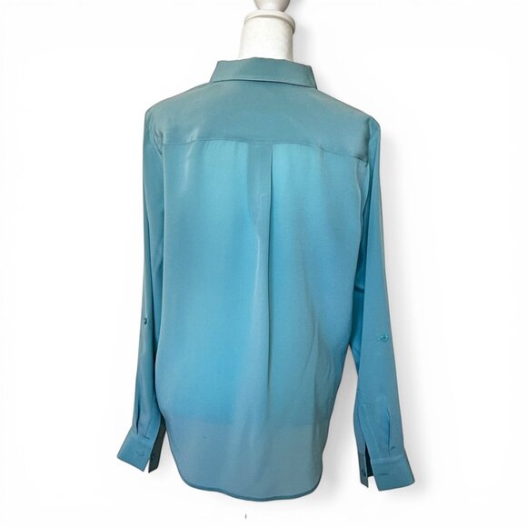 ANN TAYLOR Silk Blouse M Cornflower Blue Roll Tab Sleeve Chic Career Workwear - Picture 3 of 11